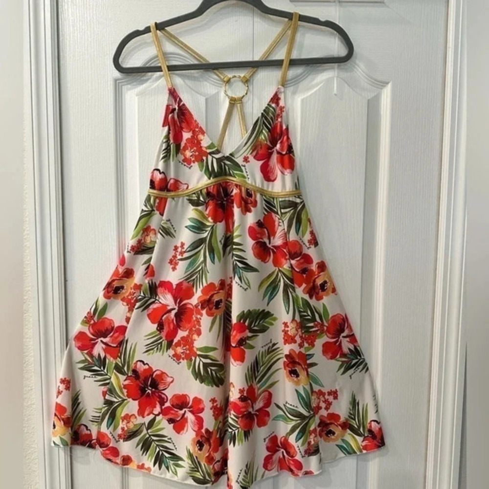 GUESS PARTY’N CABANA DRESS FLORAL RETRO GOLD TONE STRAPS SIZE SMALL